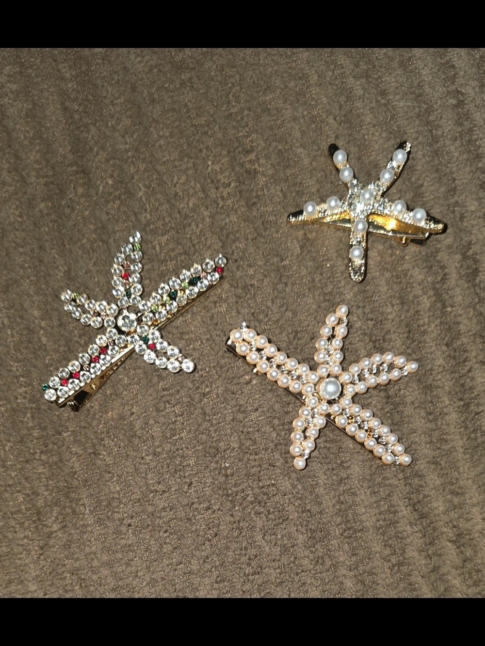 Source Unknown Gold-Tone Starfish Hair Clips with Pearls and Rhinestones